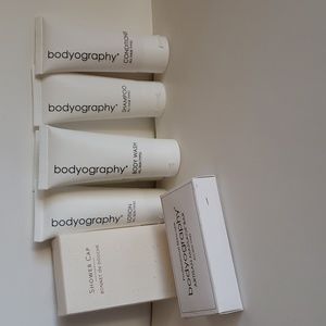 NWT Bodyography bath travel set, shampoo&conditioner/2bodywash/lotion/showercap+